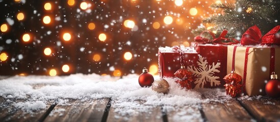Aufkleber - Fluffy Christmas theme Festive Christmas backdrop featuring fluffy decorations Christmas ornaments gift boxes and artificial snow on a comfortable wooden table with copy space