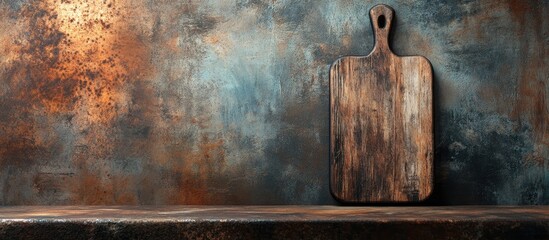 Poster - Rustic wooden cutting board against a rusty metal background up close rustic empty copyspace for text design element