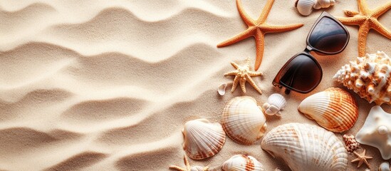 Poster - Summer backdrop featuring sea sand adorned with seashells starfish and sunglasses Concept of summer vacation. with copy space image. Place for adding text or design
