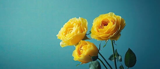 Poster - Close up of yellow roses against a blue background with soft selective focus. with copy space image. Place for adding text or design