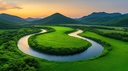 Wall Mural - A beautiful aerial view of a river winding through lush green hills, AI