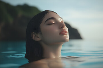 Wall Mural - Sports Illustrated Model Standing in Turquoise Bali Ocean Water with Mountain Cliffs in the Background, Natural Light, Depth of Field, and Soft Shadows