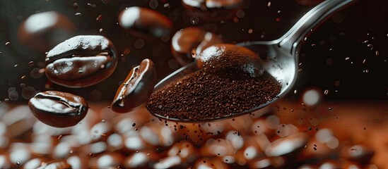 Brown roasted coffee beans and seeds with a spoon Dark espresso with aroma a black caffeine beverage Closeup of isolated energy mocha an ingredient for cappuccino. with copy space image