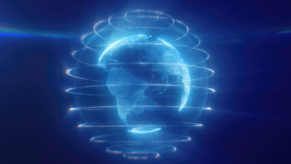 Poster - A digital representation of blue Earth with glowing lines encircling the planet, highlighting global connectivity and technology