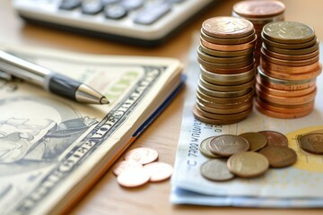 Aufkleber - Cash, various coins, and an open notebook filled with calculations are arranged neatly on a desk, showcasing financial planning efforts. Generative AI