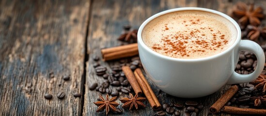 Fototapete - a cup of coffee with cinnamon and anise stars on a deep wooden surface. with copy space image. Place for adding text or design