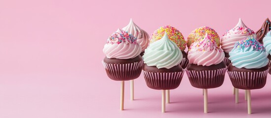 Poster - Cake pops on a pink backdrop Mini cakes on a stick Sponge cake coated in chocolate Chocolate cake adorned with colorful icing on a pink background Celebration treats. with copy space image