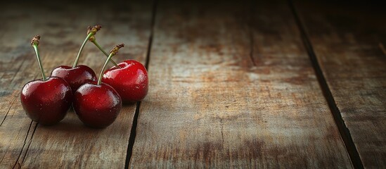 Leinwandbilder - Ripe cherries on a wooden surface with copyspace