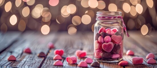 Aufkleber - A jar of heart shaped Valentine s candy spilling onto a rustic wooden table set against a background of heart bokeh. with copy space image. Place for adding text or design