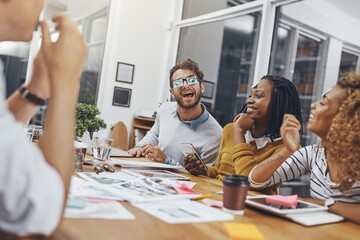 Wall Mural - Happy people, diversity and funny face for team building, activity and business meeting in office. Group, employees and playful for games, comedy and cooperation for collaboration, creativity or joke