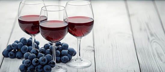 Poster - Three glasses of red wine and blue grapes on a background of a white wooden table. with copy space image. Place for adding text or design