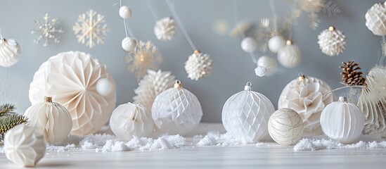 Poster - Winter Background with Copyspace Christmas Paper Ball Decorations and Natural Wood Stars White Nordic Festive Decor Boho Scandinavian Style Design Minimalist Ornaments Structural Origami Zero Waste