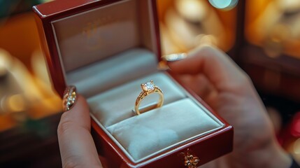 Closeup photo of a ring in open box woman assistant shows the exclusive gold ring in the luxury jewelry store : Generative AI