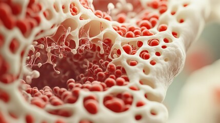 Poster - This representation illustrates a cross section of liver tissue, highlighting cellular structures and blood components vital for liver function