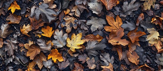Aufkleber - fallen autumn leaves and growths on aged wood. with copy space image. Place for adding text or design