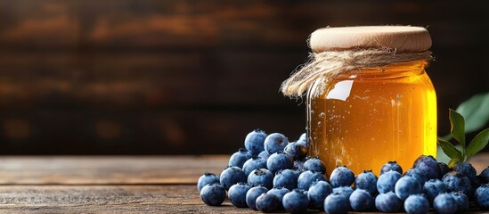 A jar of honey with blueberries on brown wood Cold remedy Nutritious fortified jam for health and beauty Creamy honey Organic product for a vegetarian diet Copyspace Area for text