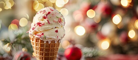 Poster - Ice Cream Cone with Festive Decoration Innovative Christmas Idea. with copy space image. Place for adding text or design