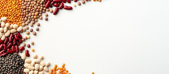 Poster - Pulses arranged from above on a white background with space for text Red kidney pinto and black beans lentils chickpeas soybeans and black eyed peas create a frame. with copy space image
