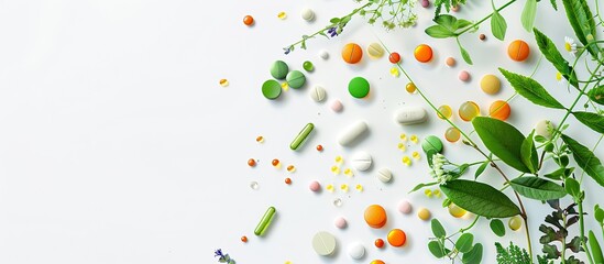 Aufkleber - Colorful circular pills and herbs on a white background. with copy space image. Place for adding text or design