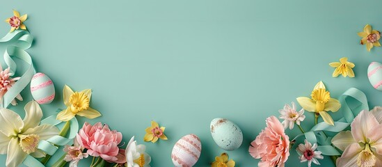 Poster - Easter egg decorated with flowers An arrangement of Easter food with space for text. with copy space image. Place for adding text or design