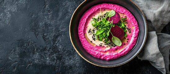 Aufkleber - Hummus with beet and microgreen basil sprouts in a ceramic bowl set against a black concrete background and linen fabric Top view flat lay copy space