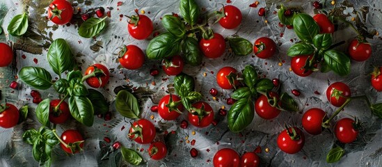 Poster - Fresh cherry tomatoes and vibrant green basil on a textured backdrop Tomato sauce Vegan Salad ingredients Organic food Area for text Copy space