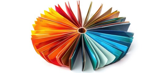 Poster - Top view of vibrant hardback books arranged in a circle An open book with fanned pages set against a white background providing free copy space Back to school copy space Educational background