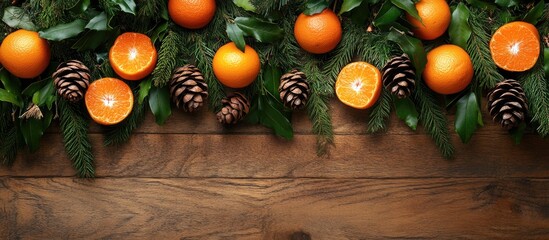 Poster - Christmas decorations feature fir branches cones and tangerines on a wooden backdrop. with copy space image. Place for adding text or design