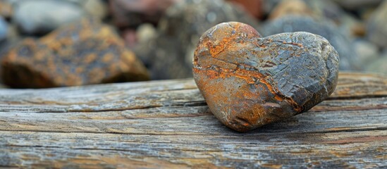 Aufkleber - heart shaped rocks on a wooden background. with copy space image. Place for adding text or design