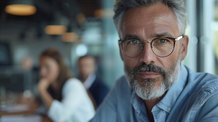 Wall Mural - Portrait employee and mature man in boardroom confidence and CEO in corporate and auditor Office bookkeeper and person on table business meeting and collaboration for planning and proj : Generative AI