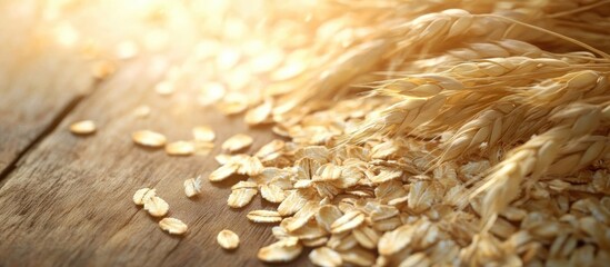 Poster - Oat grains on a wooden table oatmeal Abundant harvest A nutritious fresh dry oat meal. with copy space image. Place for adding text or design
