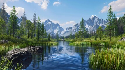 Sticker - Mountain Lake with a Clear Blue Sky and Green Grass Realistic Image