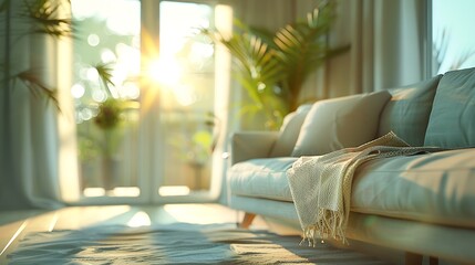 Fototapete - Blur image of living room with furniture at home with sunlight for background usage blur interior concept : Generative AI
