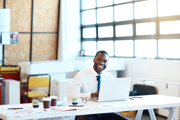 Aufkleber - African man, portrait and laptop as management, employee and accountant in finance company. Male person, happy and tech with email, project and portfolio for tax review, development or small business