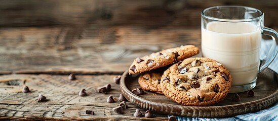 Aufkleber - Delicious cookies and a glass of milk on a rustic wooden backdrop. with copy space image. Place for adding text or design