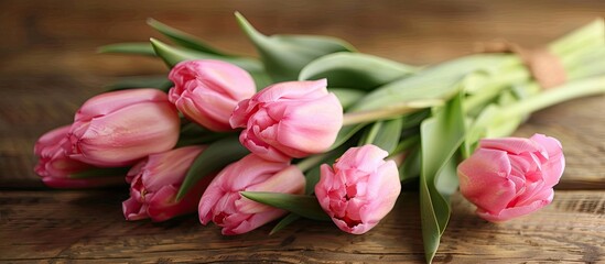 Poster - Lovely bouquet of fresh pink tulips on a light wooden table close up Area for text. with copy space image. Place for adding text or design