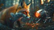© EZZYECODE - A vivid encounter between a fox and a robotic creature in a mystical forest, showcasing nature and technology in harmony.