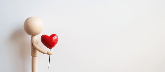 Poster - Wooden puppet holding a red heart on a white background with copy space Valentine s Day greeting card