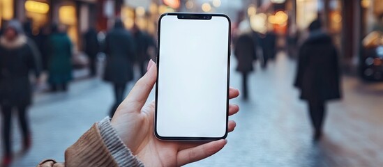 Poster - Close up A woman is holding a mobile phone that displays a white blank smartphone screen Mockup Copyspace