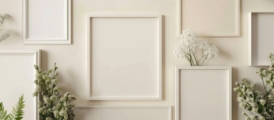 Poster - Festive backdrop featuring a blank white photo frame on a beige pastel surface Mockup for a photo or text Top view Flat lay style. with copy space image. Place for adding text or design