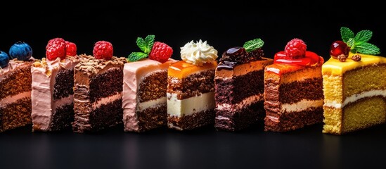Fototapete - A variety of vibrant natural sweet cakes set against a black background Copyspace for text Concept of delicious cakes Food backdrop Close up view