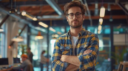 Confident Young Man in Plaid Shirt Standing in an Office