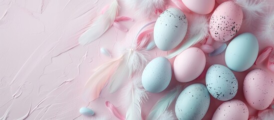 Poster - Easter theme Light background featuring pastel colored eggs and feathers with space for text Top view flat lay. with copy space image. Place for adding text or design