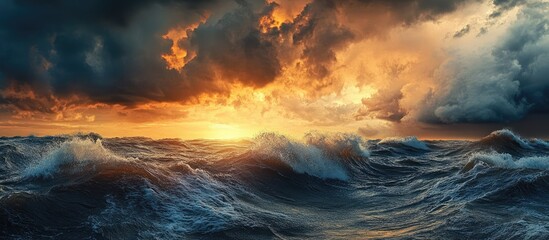 Aufkleber - Baltic Sea beneath striking sunset clouds following a storm Waves and splashing water create an epic seascape Cyclone gale storm harsh weather meteorology ecology climate change natural occurrences
