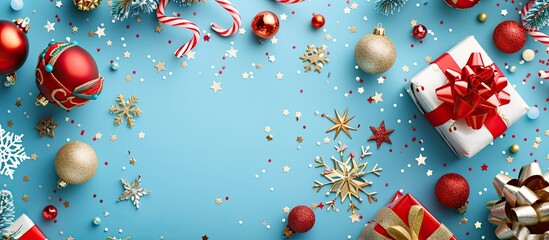 Poster - Christmas arrangement featuring elegant decorations gifts snowflakes stars and confetti on a blue background Flat lay top view copyspace