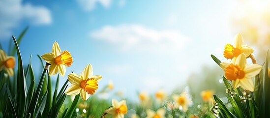 Fototapete - Daffodils blooming in springtime. with copy space image. Place for adding text or design