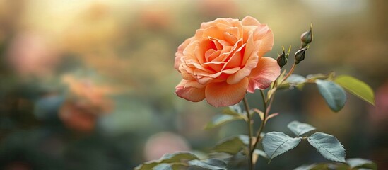 Poster - Beautiful orange rose blooming in the garden. with copy space image. Place for adding text or design