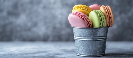 Aufkleber - colorful macarons delicious cookies biscuits or meringue in a silver metallic pail featuring pastry in pink green and yellow colors with calories on a gray background copyspace