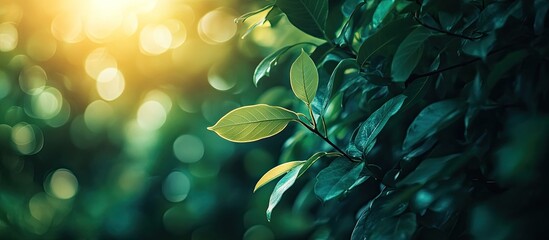 Poster - Beautiful natural scenery featuring green leaves in the forest A blurred greenery backdrop illuminated by sunlight with bokeh and copy space suitable for a background of natural plants landscape Flat