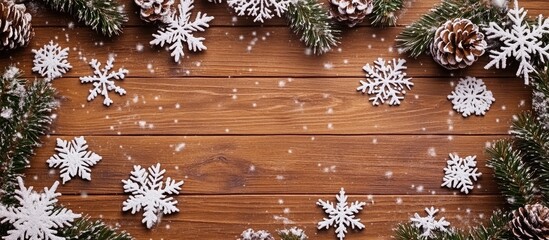 Aufkleber - Winter holiday background featuring a frame of decorations snowflakes and garland on a wooden surface with copyspace for congratulatory text